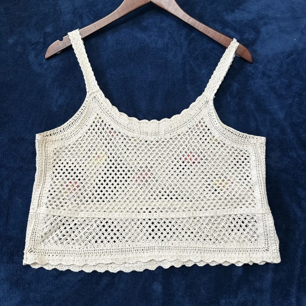 Rebellion Again Womens Crochet Crop Top Size L Cream Embroidered Dainty Festival